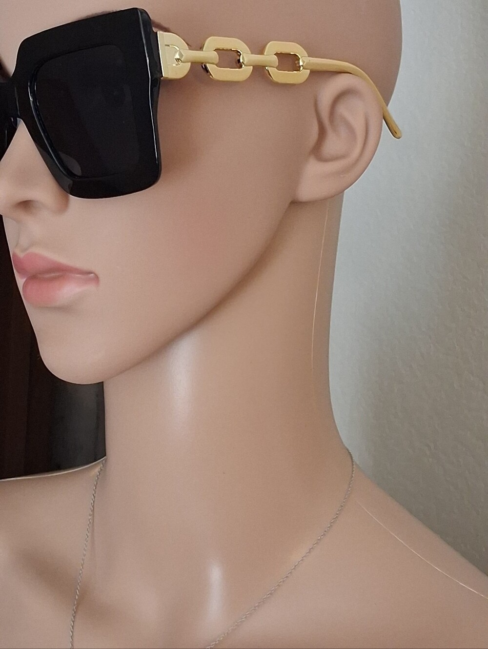 Bold Square Black Women's Sunglasses With Goldtone Chain Design